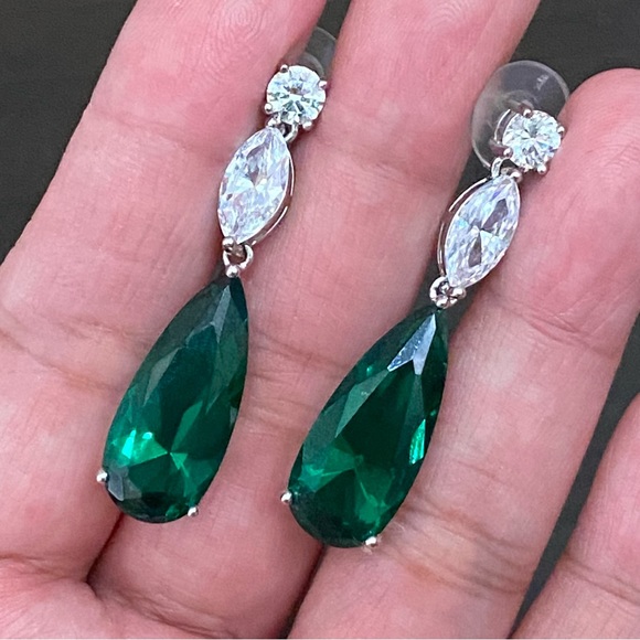 Signed Teardrop Lab Emerald Silvertone Drop Earrings - Picture 3 of 13